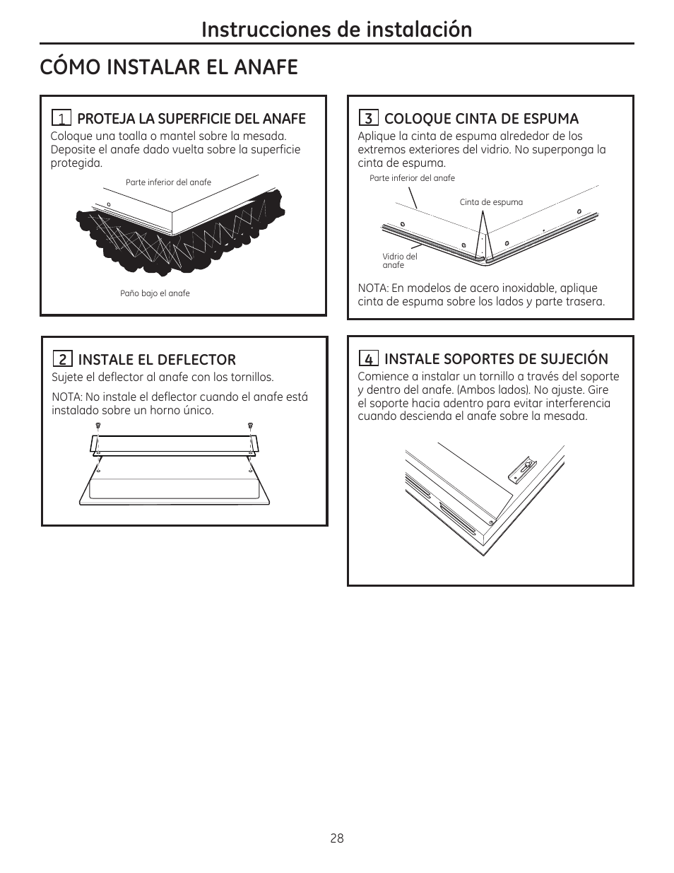 Como instalar el anafe, H proteja la superficie del anafe, H coloque cinta de espuma | H instale el deflector, H instale soportes de sujeción, Instrucciones de instalación | GE PHP900SMSS User Manual | Page 28 / 32
