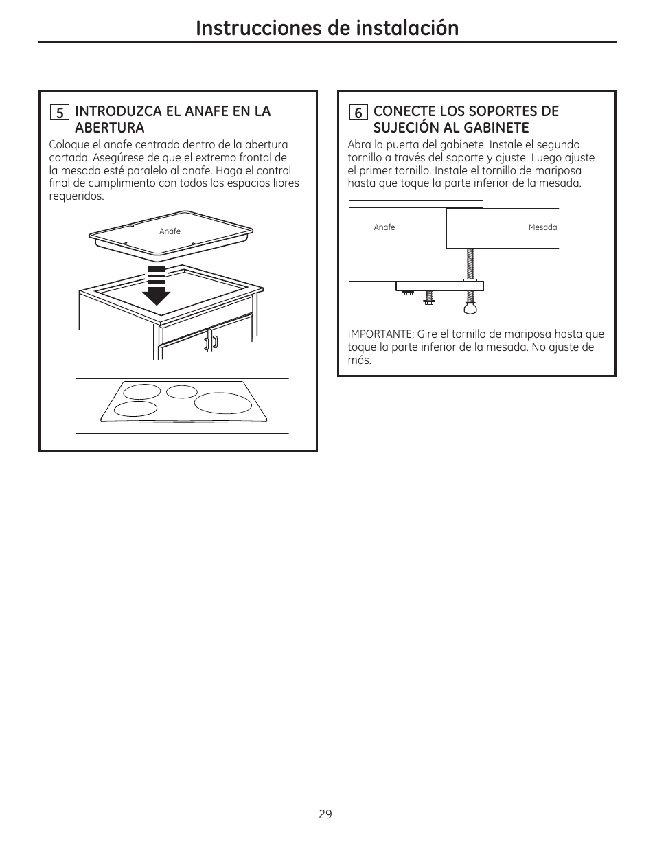 H introduzca el anafe en la abertura, H conecte los soportes de sujeción al gabinete, Instrucciones de instalación | GE PHP900SMSS User Manual | Page 29 / 32