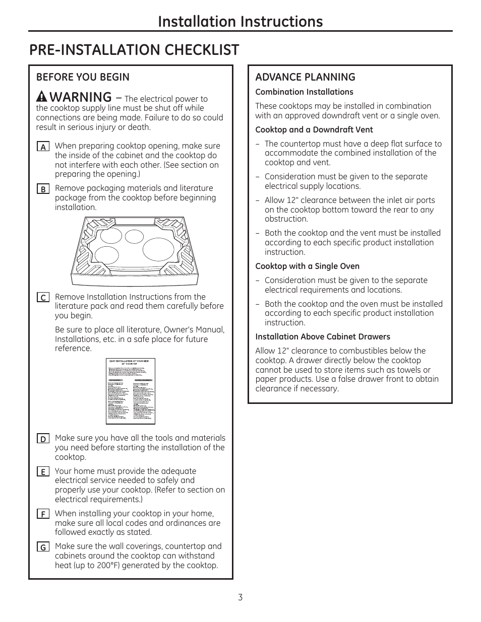 Pre-installation checklist, Before you begin, Advance planning | Installation instructions | GE PHP900SMSS User Manual | Page 3 / 32