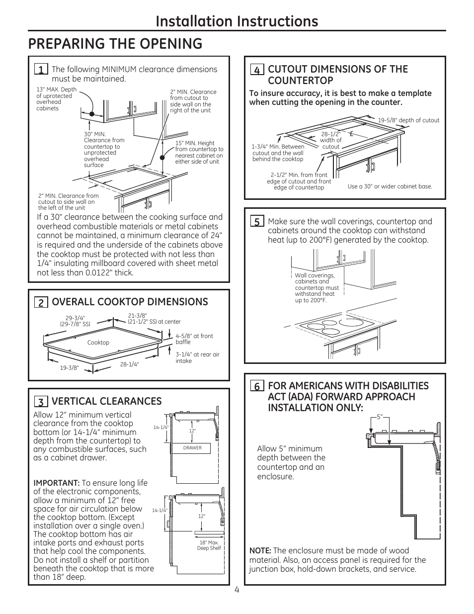 Preparing the opening, H overall cooktop dimensions, H vertical clearances | H cutout dimensions of the countertop, Installation instructions | GE PHP900SMSS User Manual | Page 4 / 32