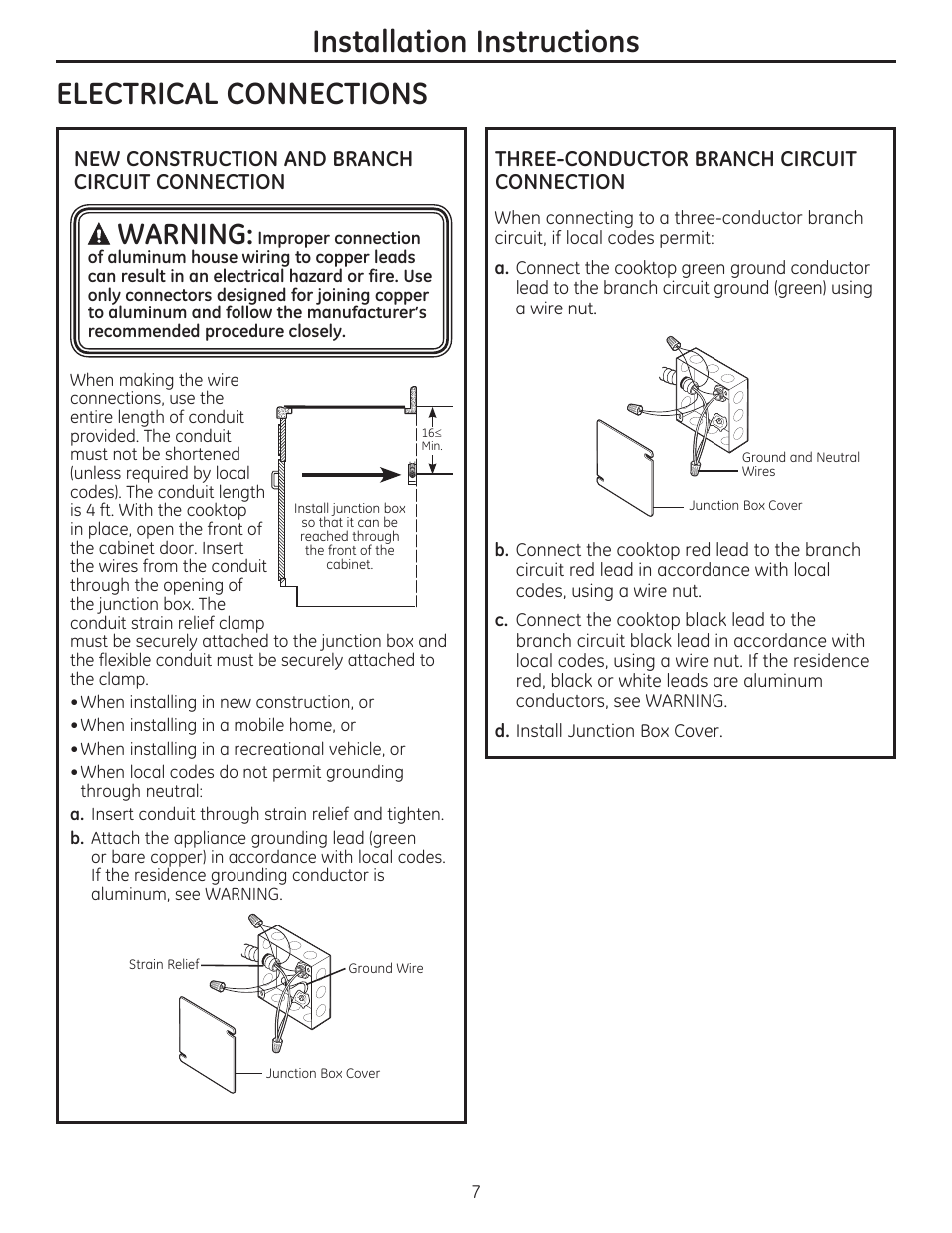 Electrical connections, New construction and branch circuit connection, Three-conductor branch circuit connection | Installation instructions, Awarning | GE PHP900SMSS User Manual | Page 7 / 32