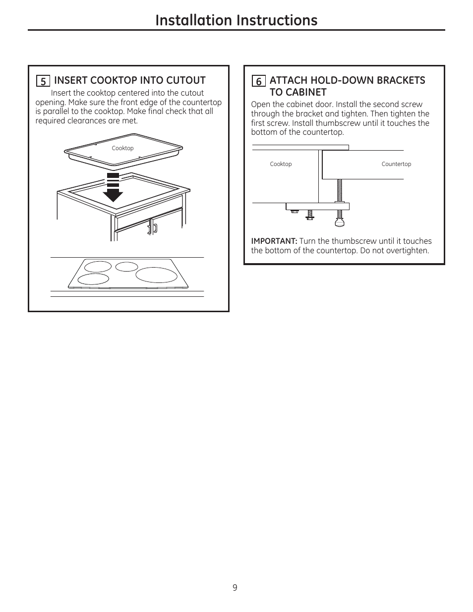 H insert cooktop into cutout, To cabinet, Installation instructions | GE PHP900SMSS User Manual | Page 9 / 32