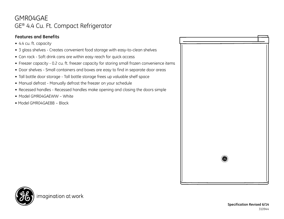 Gmr04gae, 4 cu. ft. compact refrigerator | GE GMR04GAEBB User Manual | Page 2 / 2