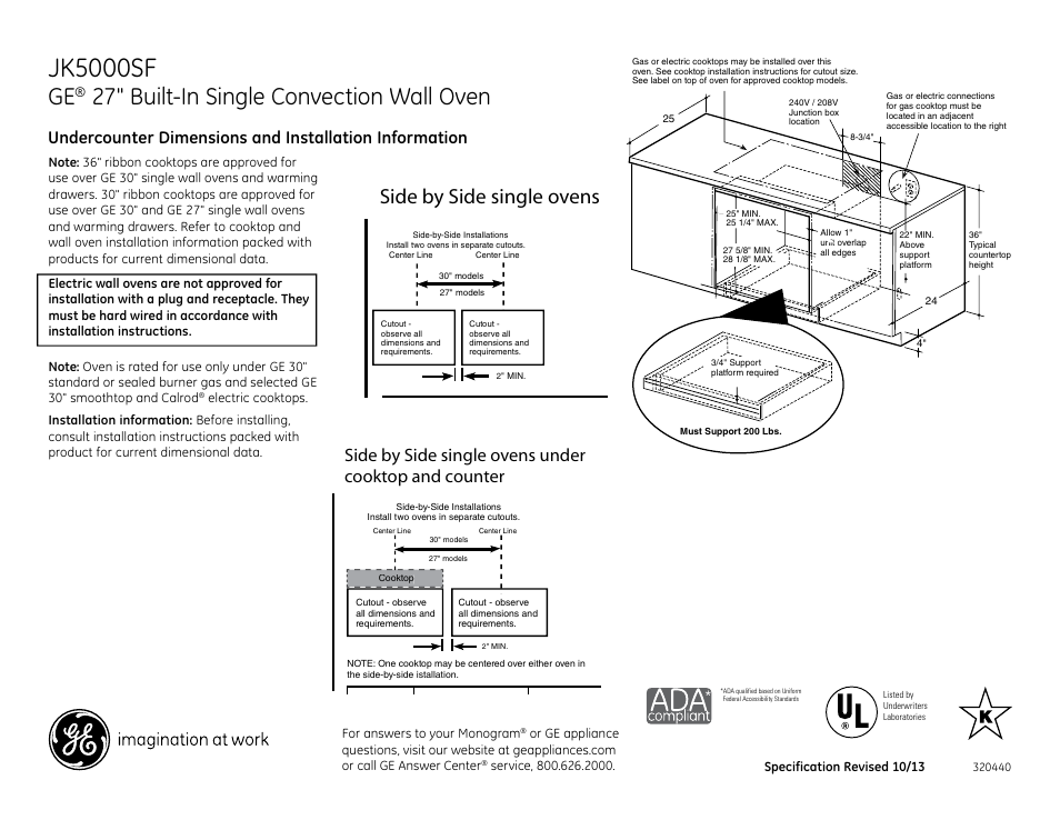Jk5000sf, 27" built-in single convection wall oven, Side by side single ovens | GE JK5000SFSS User Manual | Page 2 / 3
