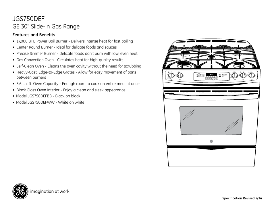 Jgs750def, Ge 30" slide-in gas range | GE JGS750DEFBB User Manual | Page 2 / 2