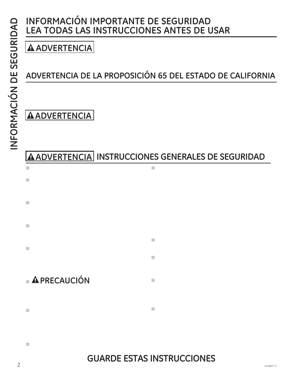 Informa ción de segurid ad, Instrucciones generales de seguridad, Advertencia | Precaución | GE JT1000SFSS User Manual | Page 18 / 32