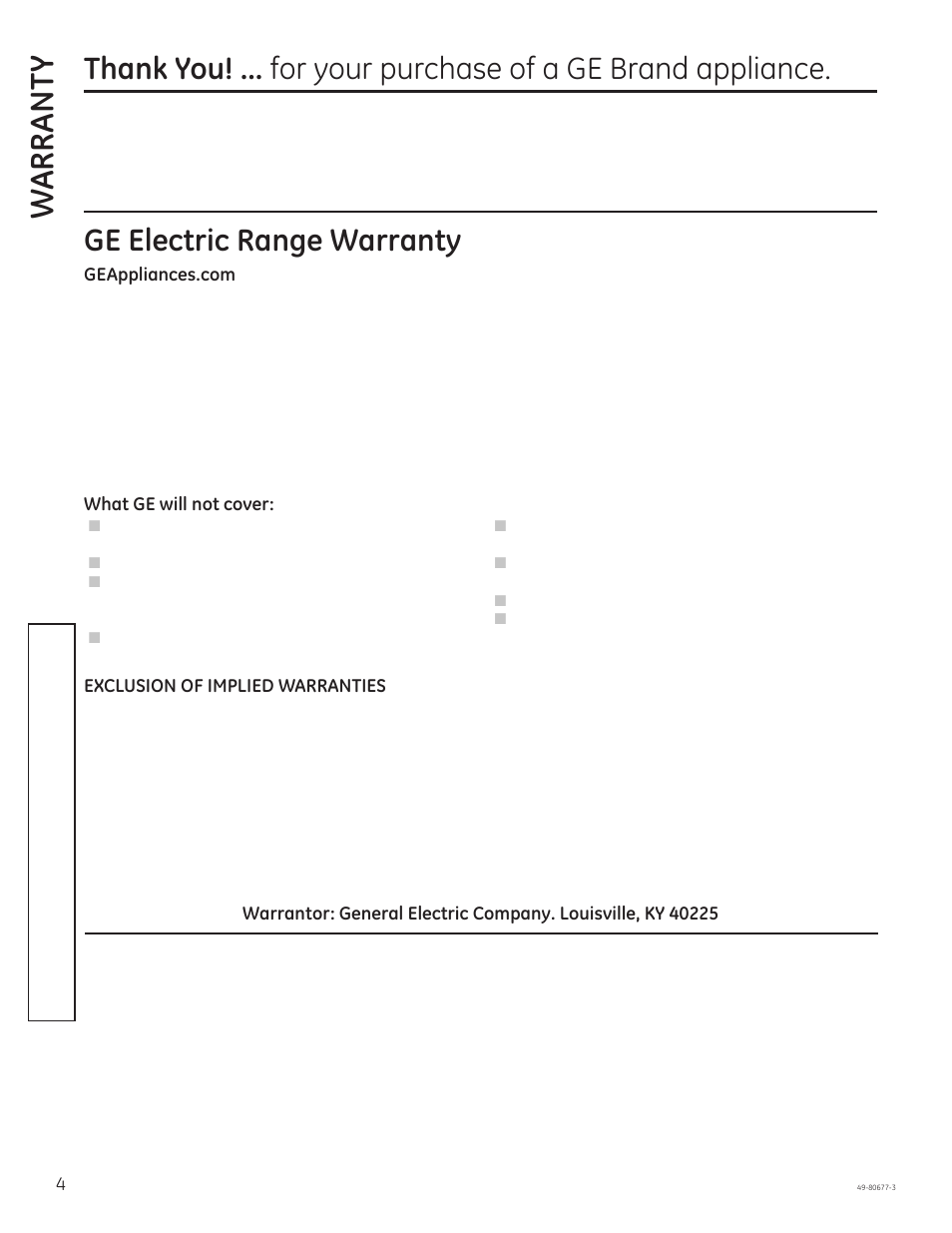 Warrant y, Ge electric range warranty | GE JT1000SFSS User Manual | Page 4 / 32