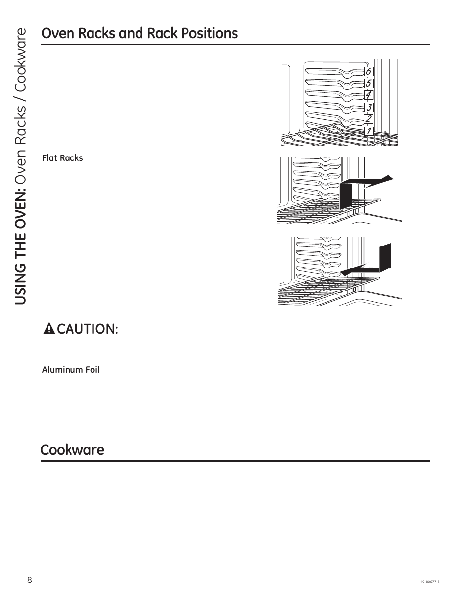 Using the oven: o ven racks / cookware, Oven racks and rack positions, Cookware | Caution | GE JT1000SFSS User Manual | Page 8 / 32