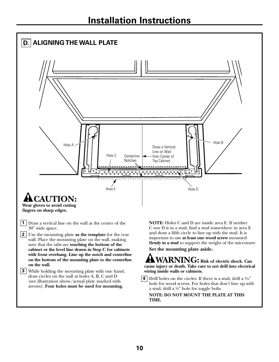 Aligning the wall plate, Installation instructions, Warning | Caution, 10 aligning the wall plate | GE JVM6175DFWW User Manual | Page 10 / 48