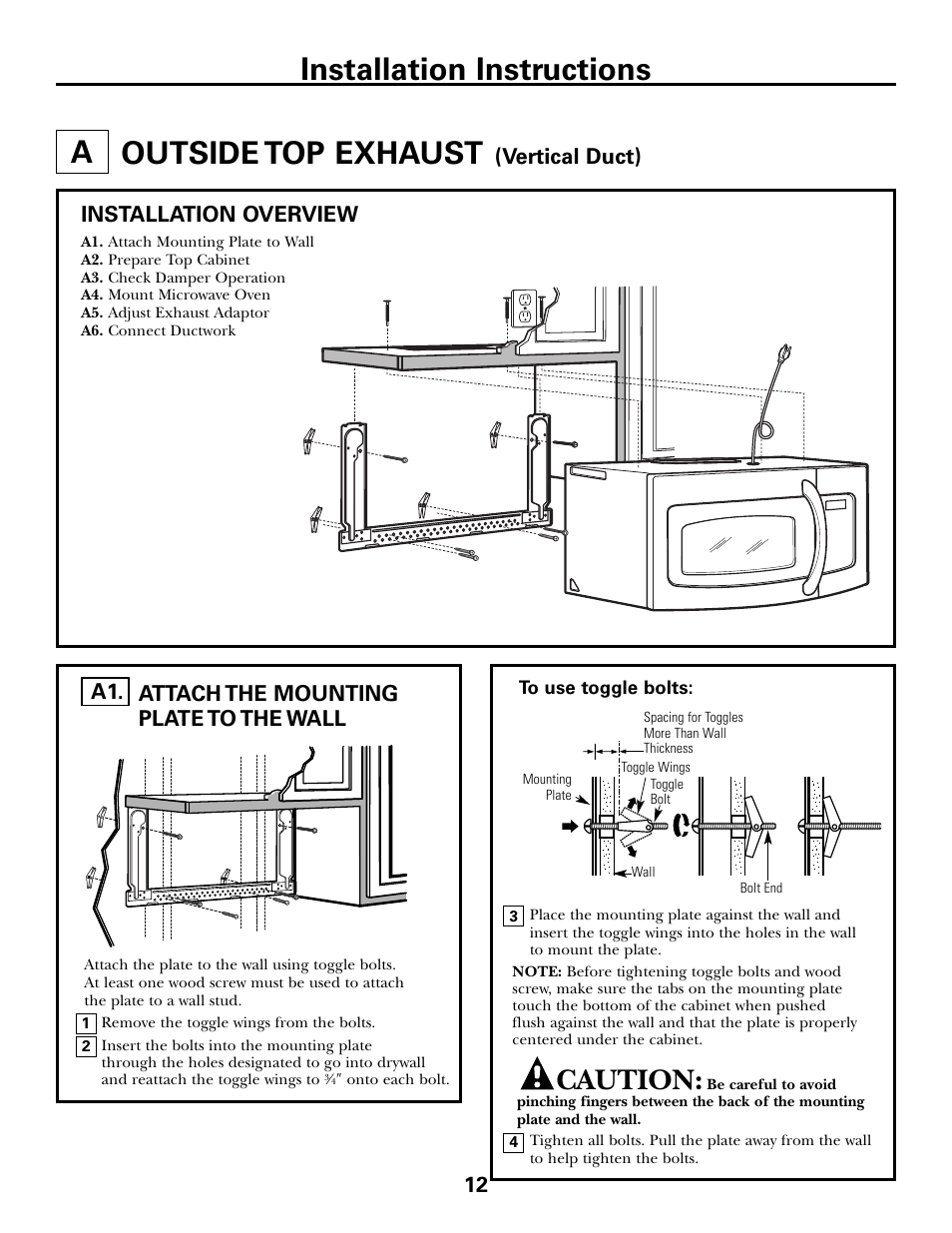 A - outside top exhaust, Attach mounting plate to wall, Outside top exhaust –14 | Outside top exhaust, Installation instructions, Caution, Attach the mounting plate to the wall a1. 12, Vertical duct), Installation overview | GE JVM6175DFWW User Manual | Page 12 / 48