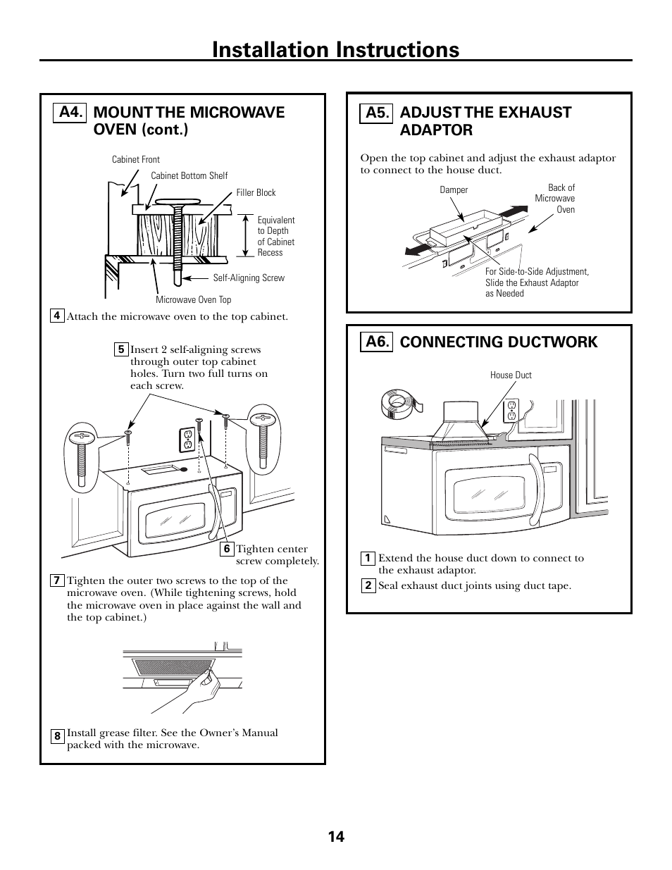 Adjust the exhaust adaptor, Connecting ductwork, Installation instructions | Adjust the exhaust adaptor a5, Mount the microwave oven (cont.) a4 | GE JVM6175DFWW User Manual | Page 14 / 48