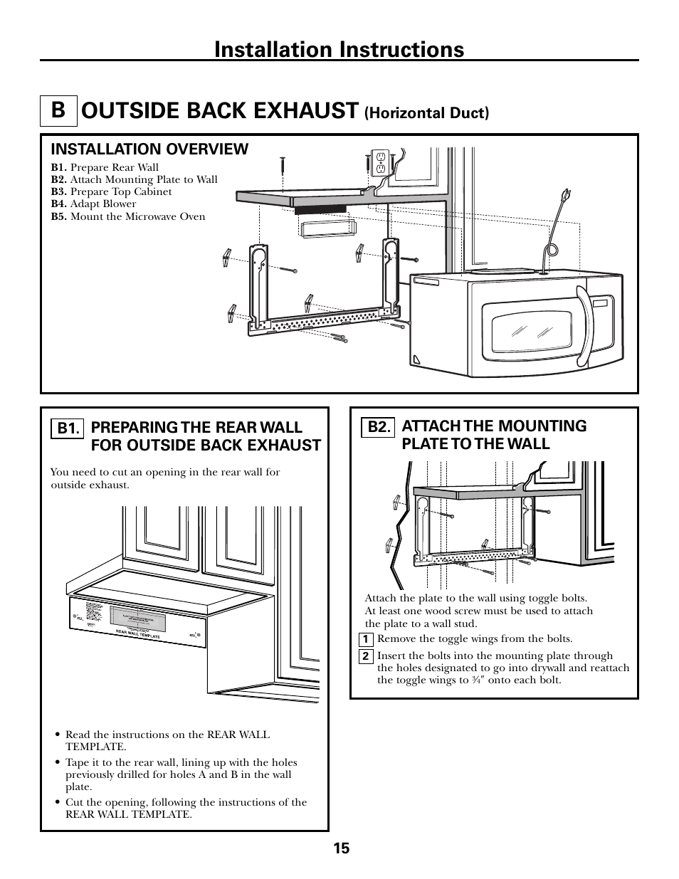 B - outside back exhaust, Preparing rear wall for outside back exhaust, Attach mounting plate to wall | Outside back exhaust –18, Attach mounting plate to wall , 16, Outside back exhaust, Installation instructions b | GE JVM6175DFWW User Manual | Page 15 / 48