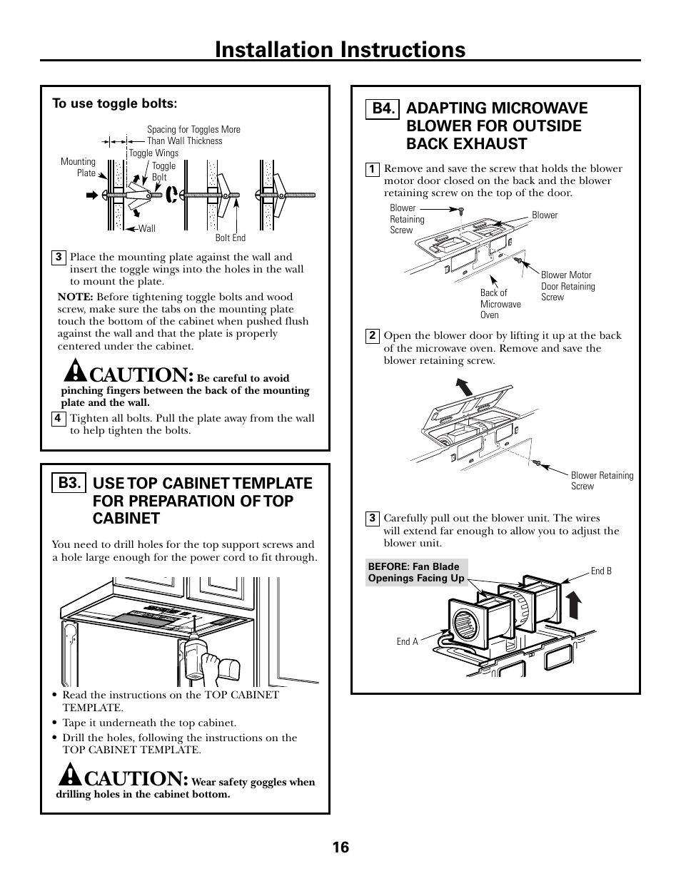 Preparation of top cabinet, Adapting microwave blower for outside back exhaust, Installation instructions | Caution | GE JVM6175DFWW User Manual | Page 16 / 48