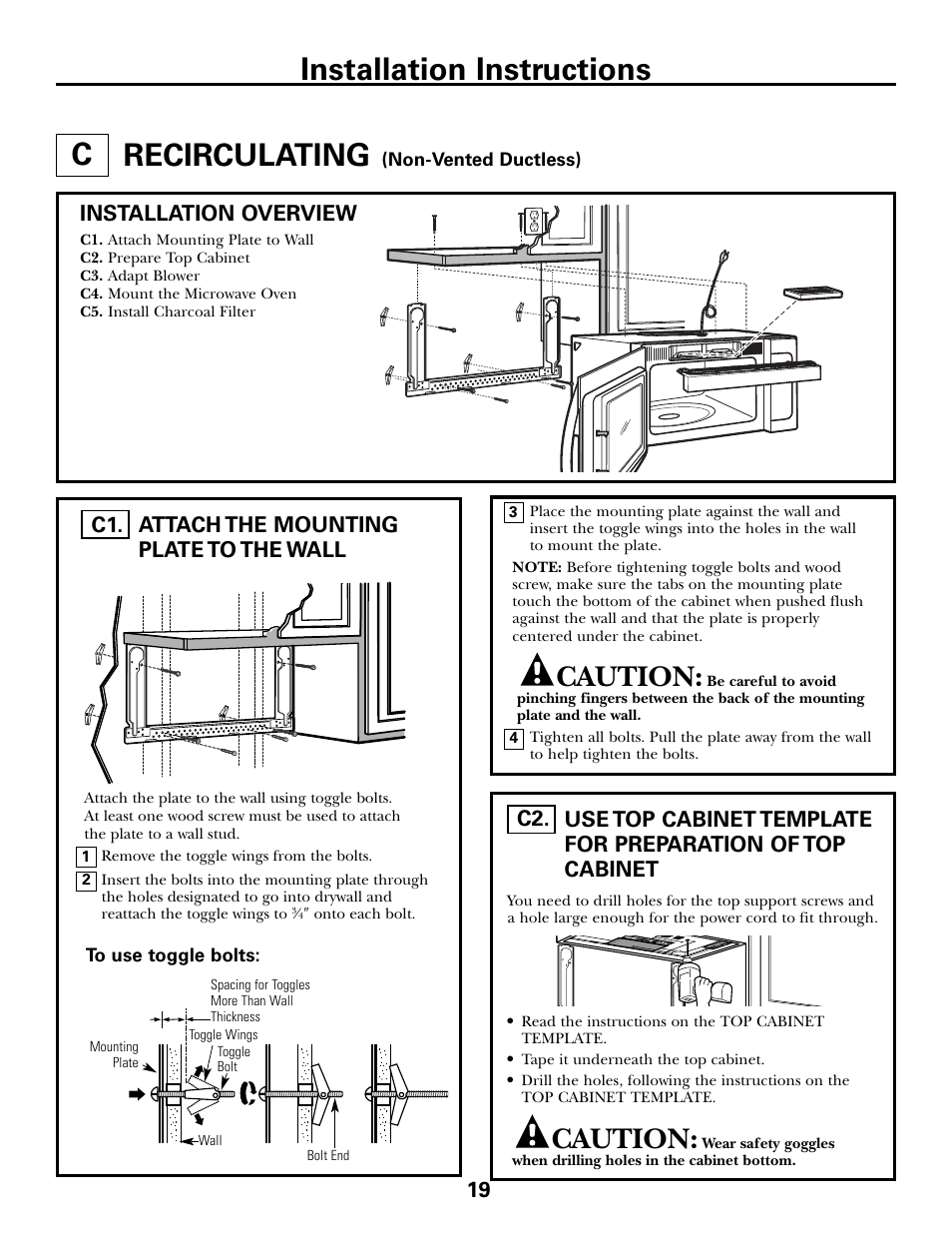 C - recirculating, Attach mounting plate to wall, Preparation of top cabinet | Recirculating –22, Recirculating, Installation instructions, Caution, Installation overview, Attach the mounting plate to the wall c1 | GE JVM6175DFWW User Manual | Page 19 / 48