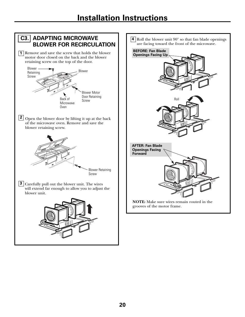 Adapting microwave blower for recirculation, Adapting microwave blower for recirculation , 21, Installation instructions | Adapting microwave blower for recirculation c3 | GE JVM6175DFWW User Manual | Page 20 / 48