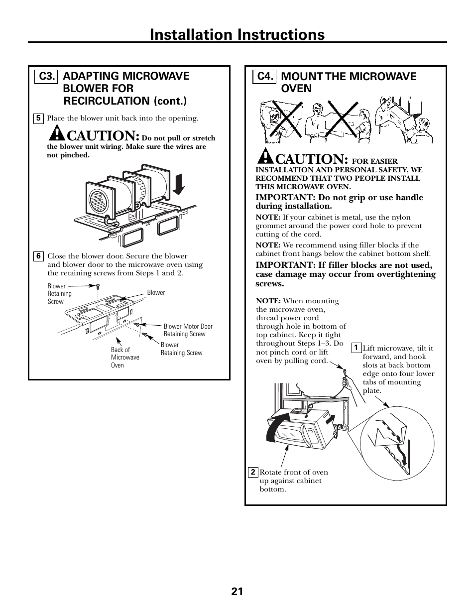 Mount the microwave oven, Mount the microwave oven , 22, Installation instructions | Caution, Mount the microwave oven c4 | GE JVM6175DFWW User Manual | Page 21 / 48