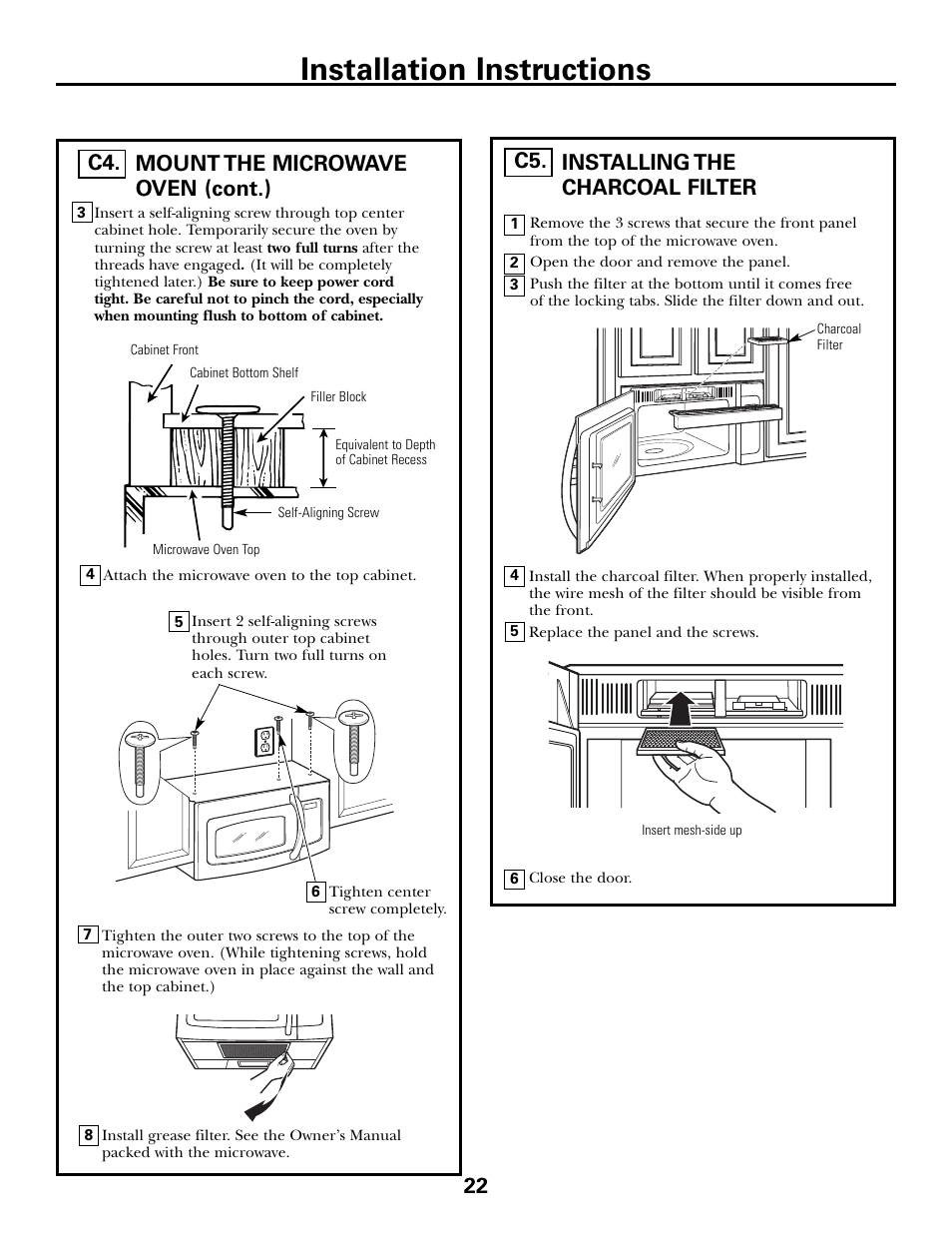 Installing the charcoal filter, Installation instructions | GE JVM6175DFWW User Manual | Page 22 / 48