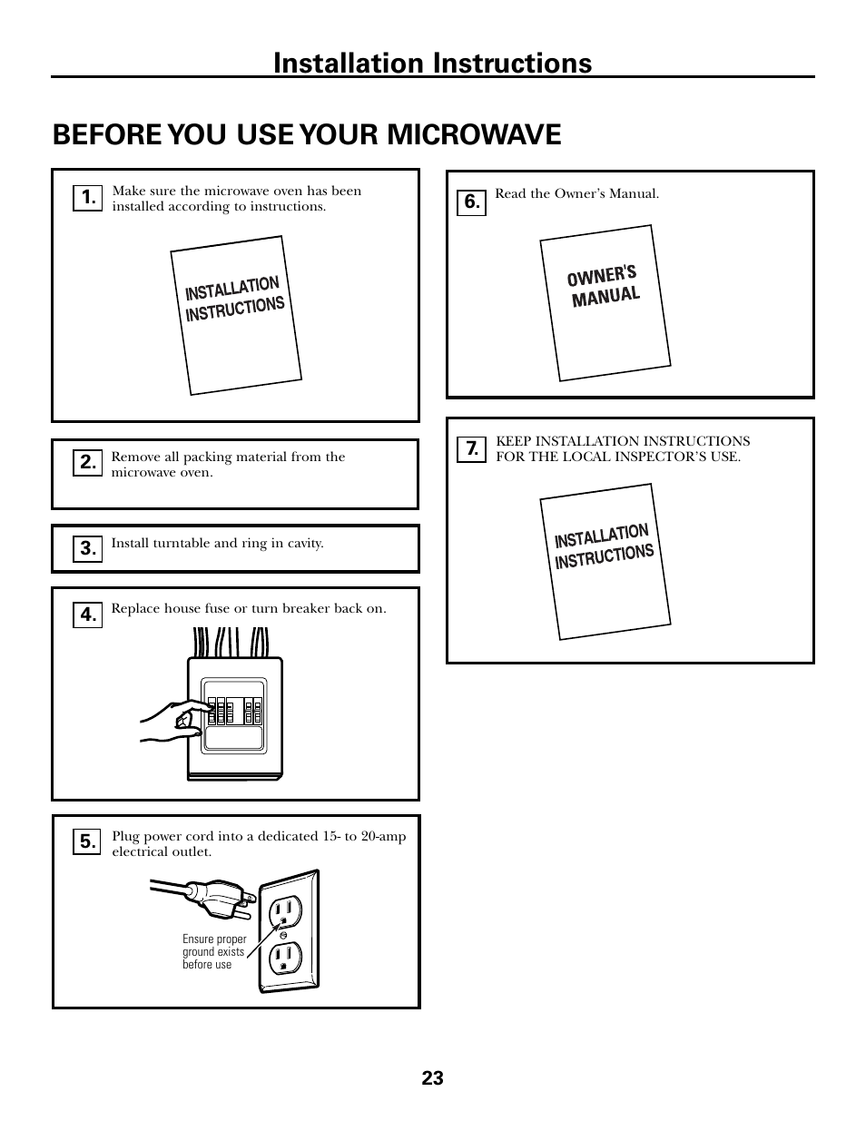 Before you use your microwave, Installation instructions | GE JVM6175DFWW User Manual | Page 23 / 48