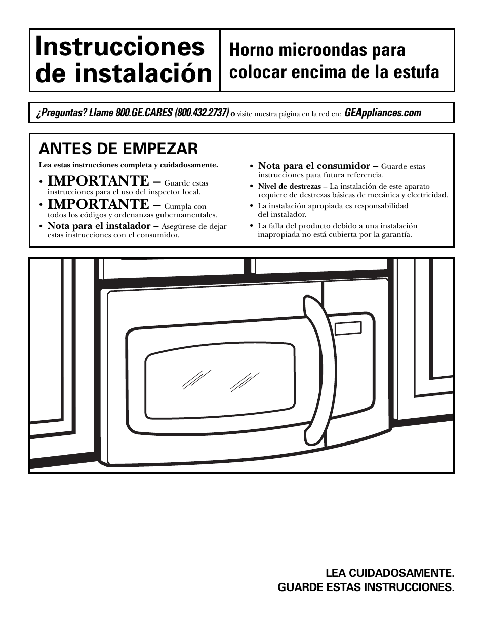 Instrucciones de instalación, Horno microondas para colocar encima de la estufa, Antes de empezar | Importante | GE JVM6175DFWW User Manual | Page 25 / 48