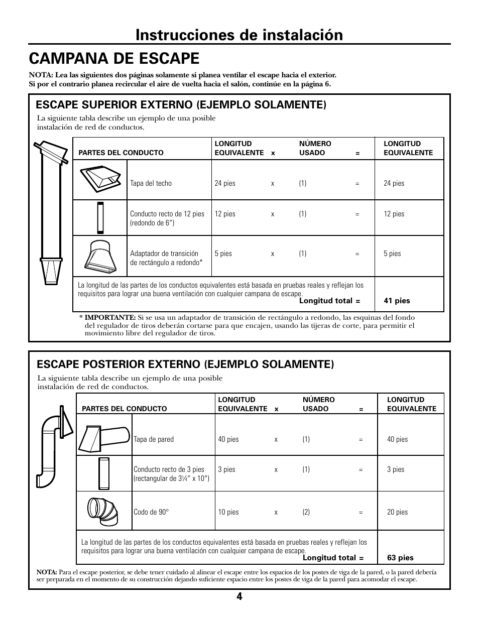 Campana de escape, Campana de escape , 5, Instrucciones de instalación | Escape superior externo (ejemplo solamente), Escape posterior externo (ejemplo solamente) | GE JVM6175DFWW User Manual | Page 28 / 48