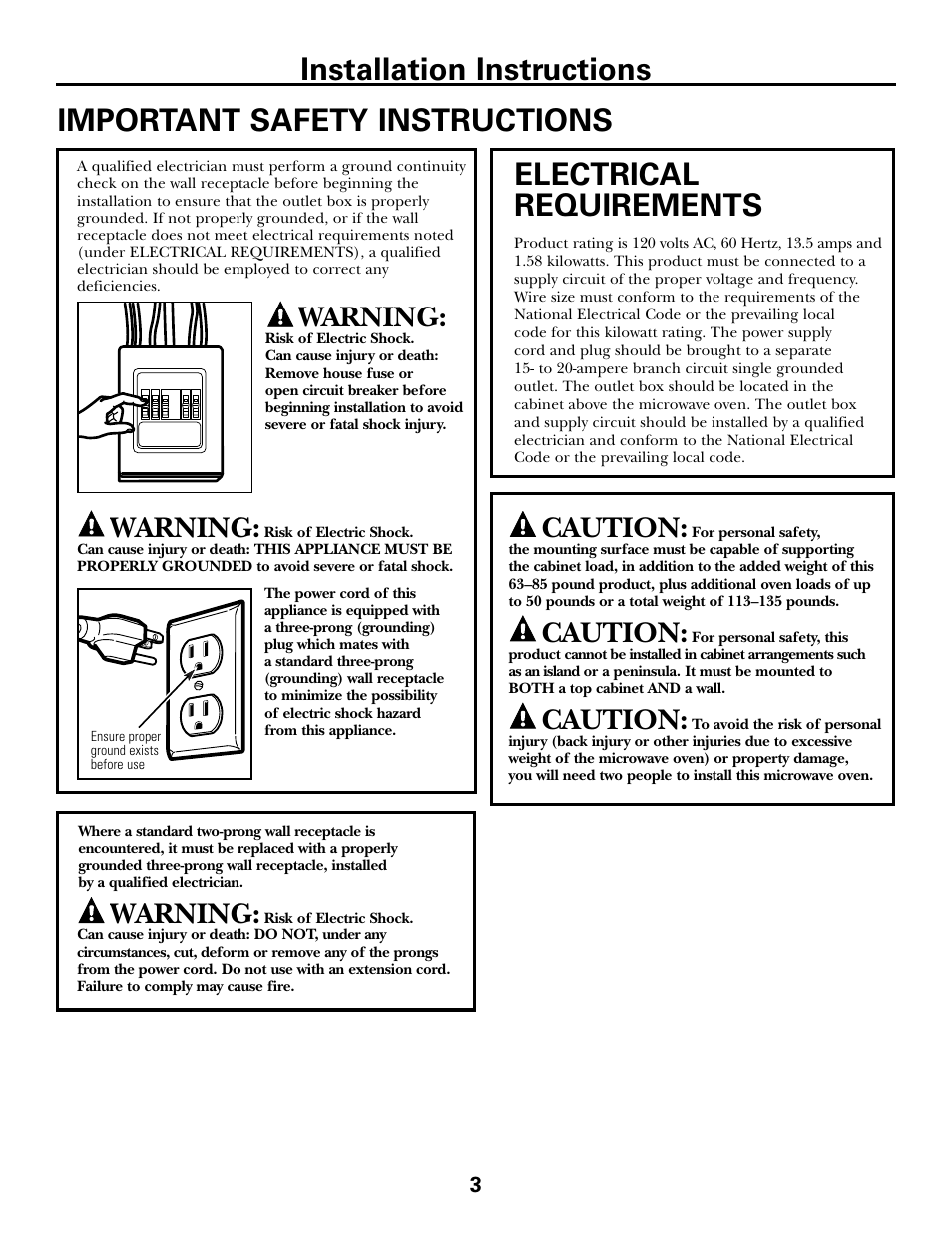 Important safety instructions, Electrical requirements, Installation instructions | Warning, Caution | GE JVM6175DFWW User Manual | Page 3 / 48