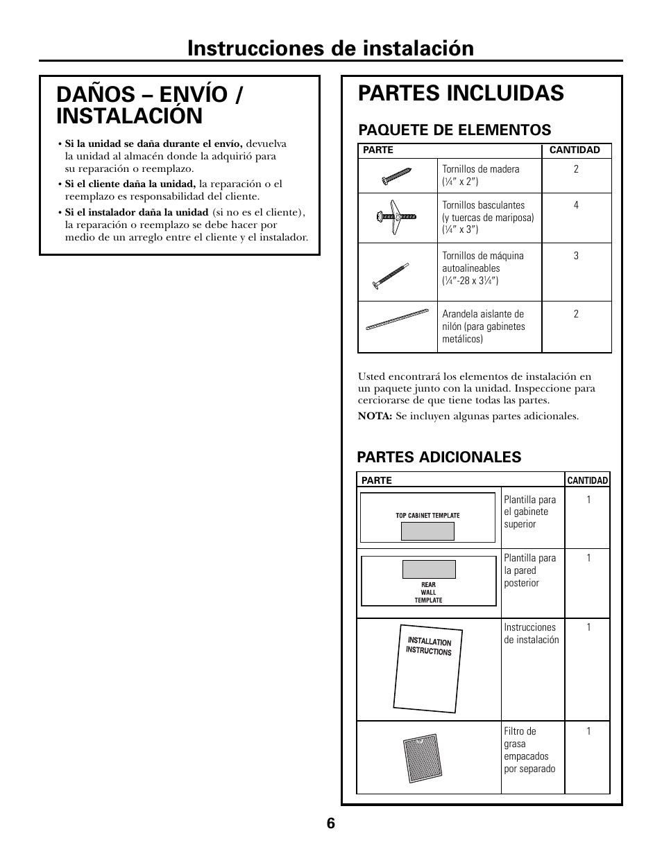 Daños – envío / instalación, Partes incluidas, Paquete de elementos partes adicionales | GE JVM6175DFWW User Manual | Page 30 / 48