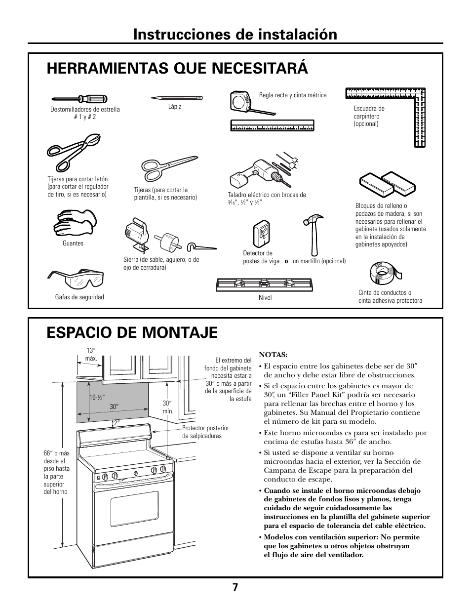 Herramientas que necesitará, Espacio de montaje, Instrucciones de instalación | GE JVM6175DFWW User Manual | Page 31 / 48