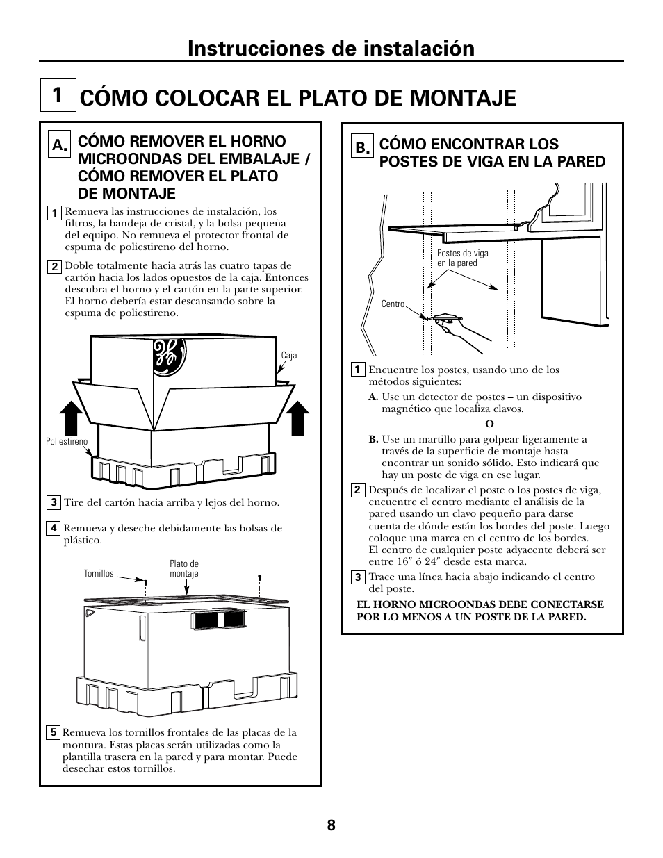 Cómo colocar el plato de montaje, Cómo remover el plato de montaje, Cómo encontrar los postes de viga en la pared | Cómo colocar el plato de montaje –10, Cómo colocar el plato de montaje 1, Instrucciones de instalación, Cómo encontrar los postes de viga en la pared b | GE JVM6175DFWW User Manual | Page 32 / 48