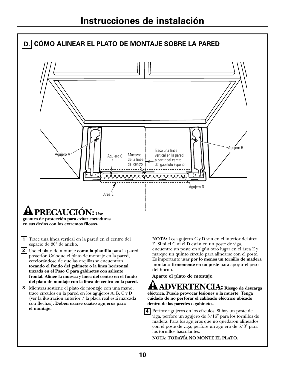 Cómo alinear el plato de montaje sobre la pared, Instrucciones de instalación, Advertencia | Precaución, 10 cómo alinear el plato de montaje sobre la pared | GE JVM6175DFWW User Manual | Page 34 / 48