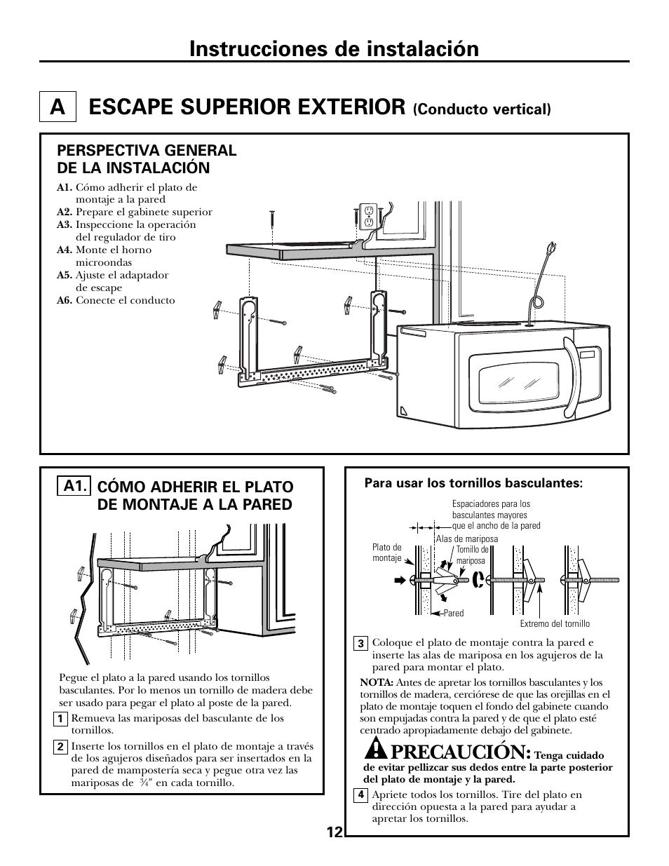 A - escape superior exterior, Cómo adherir el plato de montaje a la pared, Escape superior exterior –14 | Escape superior exterior, Instrucciones de instalación, Precaución, Cómo adherir el plato de montaje a la pared a1, Conducto vertical), Perspectiva general de la instalación | GE JVM6175DFWW User Manual | Page 36 / 48