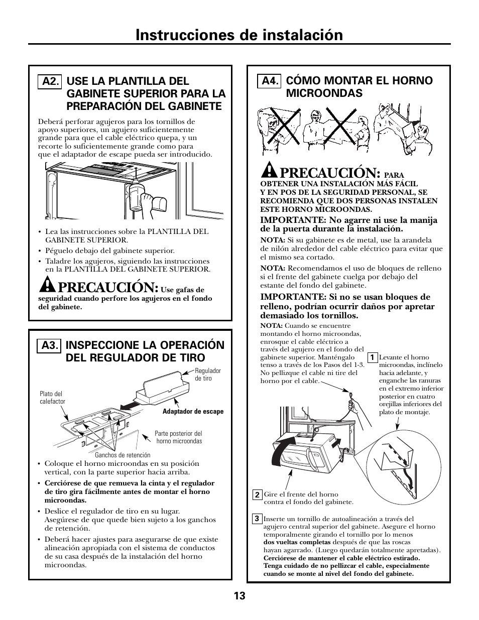 Cómo preparar el gabinete superior, Cómo montar el horno microondas, Cómo montar el horno microondas , 14 | Instrucciones de instalación, Precaución | GE JVM6175DFWW User Manual | Page 37 / 48