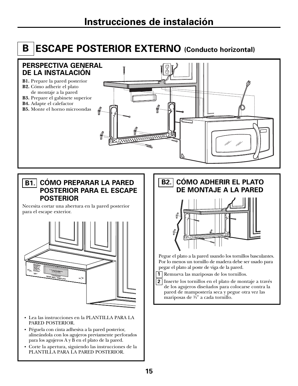 B - escape posterior externo, Cómo adherir el plato de montaje a la pared, Escape posterior externo –18 | Cómo adherir el plato de montaje a la pared , 16, Escape posterior externo, Instrucciones de instalación b | GE JVM6175DFWW User Manual | Page 39 / 48