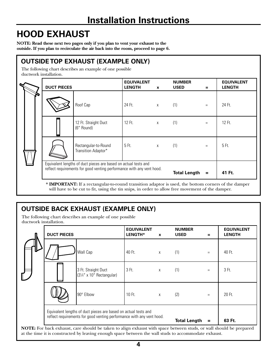 Hood exhaust, Hood exhaust , 5, Installation instructions | Outside top exhaust (example only), Outside back exhaust (example only) | GE JVM6175DFWW User Manual | Page 4 / 48