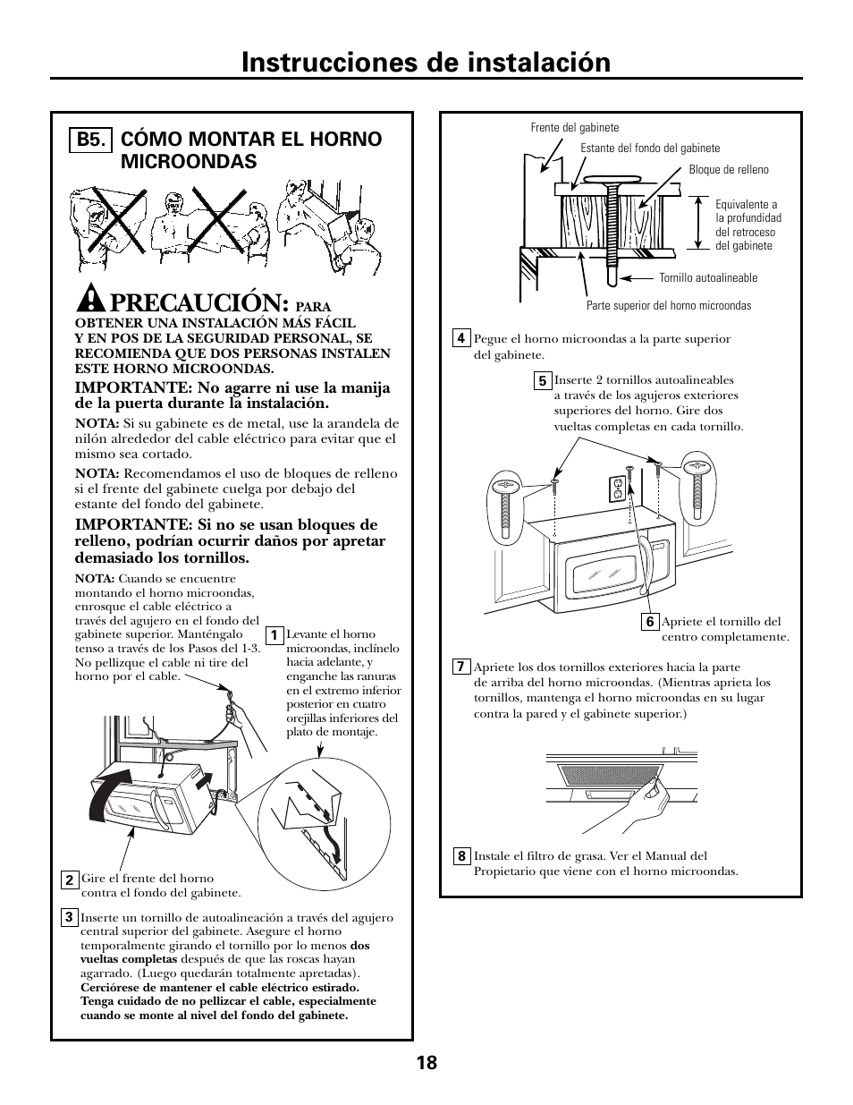 Cómo montar el horno microondas, Instrucciones de instalación, Precaución | 18 b5 | GE JVM6175DFWW User Manual | Page 42 / 48