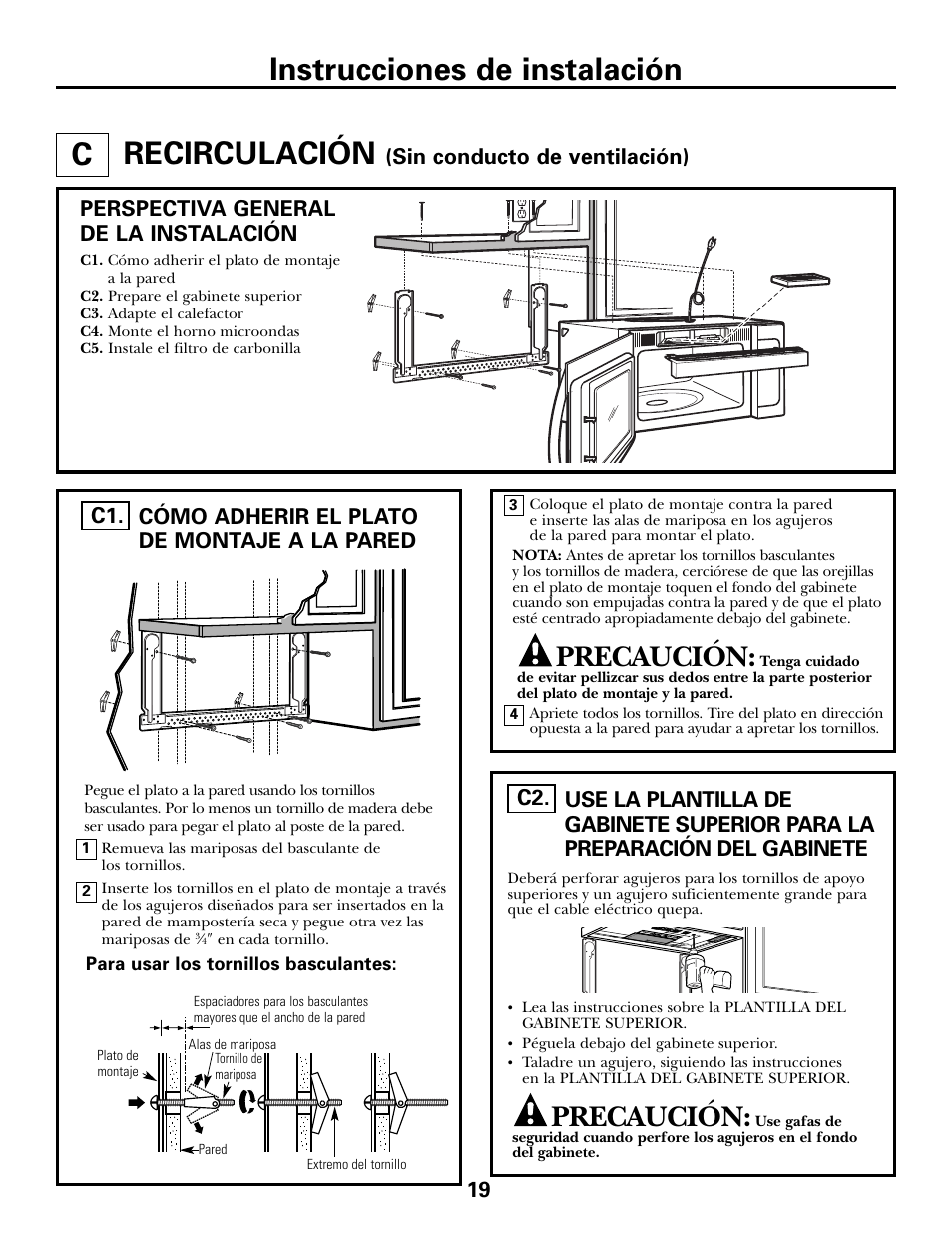 C - recirculación, Cómo adherir el plato de montaje a la pared, Cómo preparar el gabinete superior | Recirculación –22, Instrucciones de instalación, Recirculación, Precaución, Cómo adherir el plato de montaje a la pared c1 | GE JVM6175DFWW User Manual | Page 43 / 48