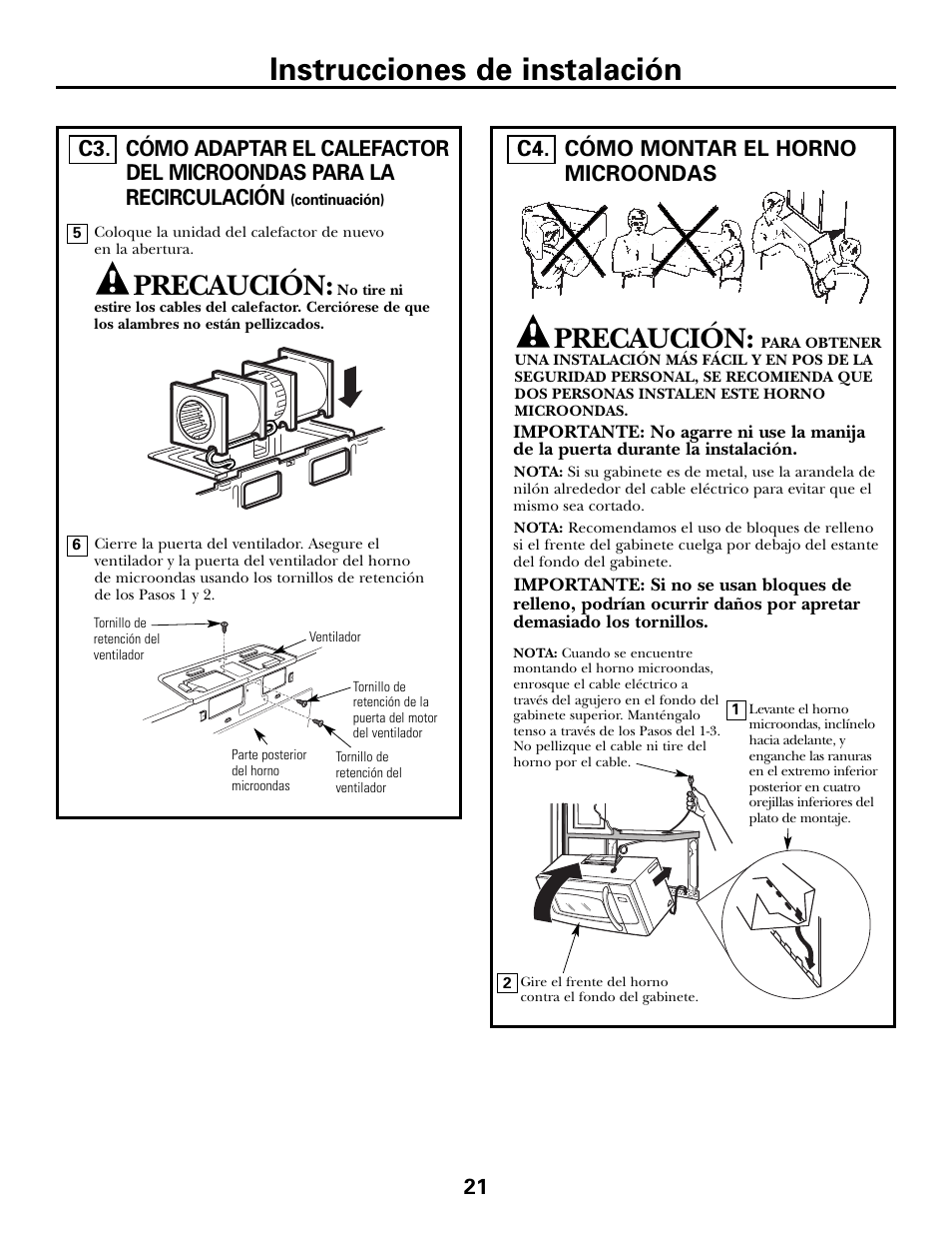 Cómo montar el horno microondas, Cómo montar el horno microondas , 22, Instrucciones de instalación | Precaución, C3. 21, Cómo montar el horno microondas c4 | GE JVM6175DFWW User Manual | Page 45 / 48