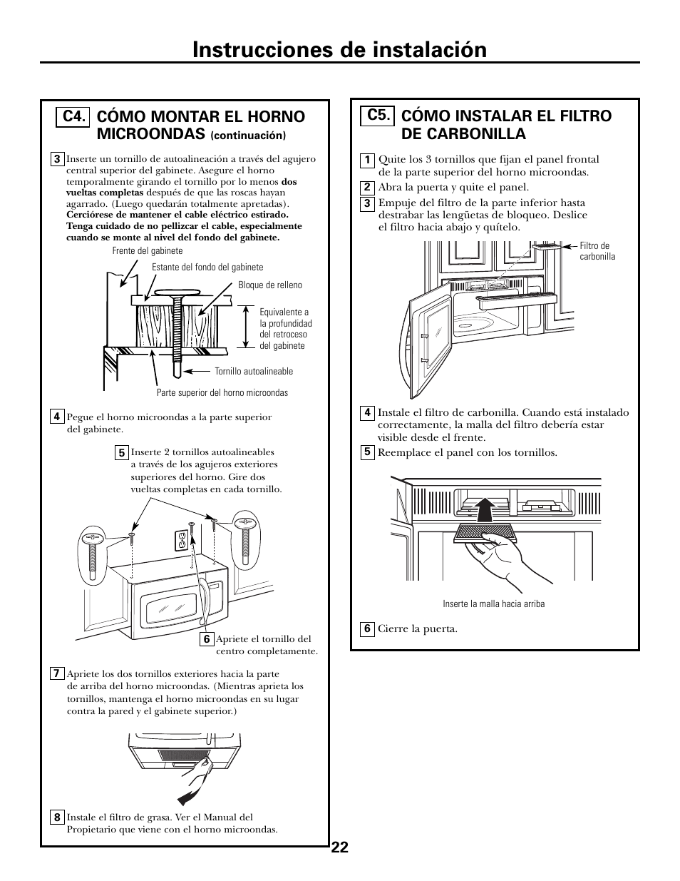 Cómo instalar el filtro de carbonilla, Instrucciones de instalación | GE JVM6175DFWW User Manual | Page 46 / 48