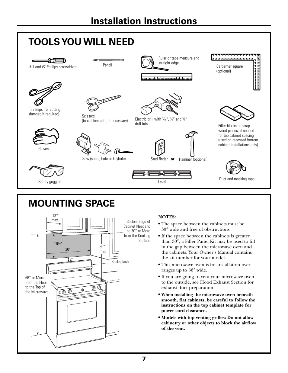 Tools you will need, Mounting space, Installation instructions | GE JVM6175DFWW User Manual | Page 7 / 48