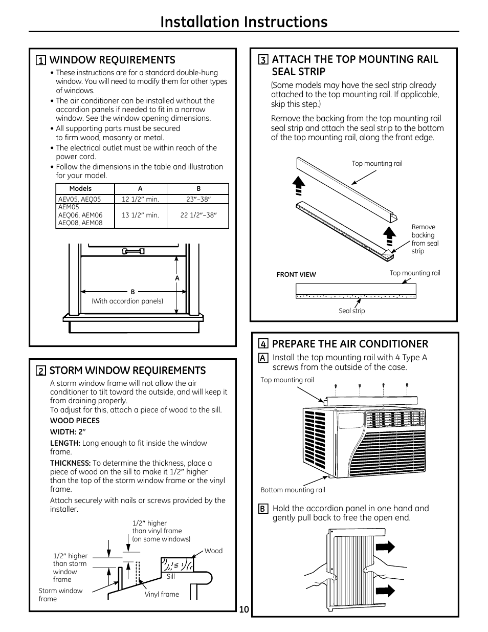 Installation instructions, Window requirements, Storm window requirements | Prepare the air conditioner, Attach the top mounting rail seal strip | GE AEQ08AS User Manual | Page 10 / 48