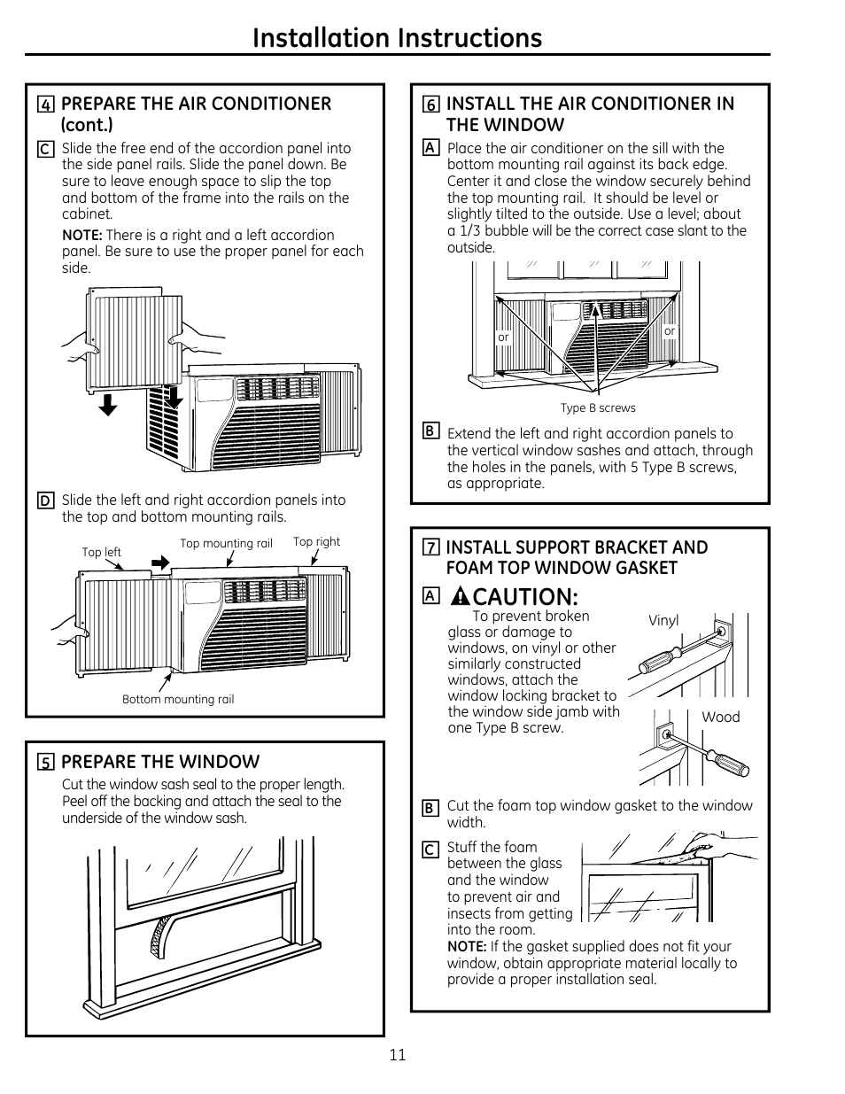 Installation instructions, Caution, Prepare the air conditioner (cont.) | Install the air conditioner in the window, Prepare the window, Install support bracket and foam top window gasket | GE AEQ08AS User Manual | Page 11 / 48