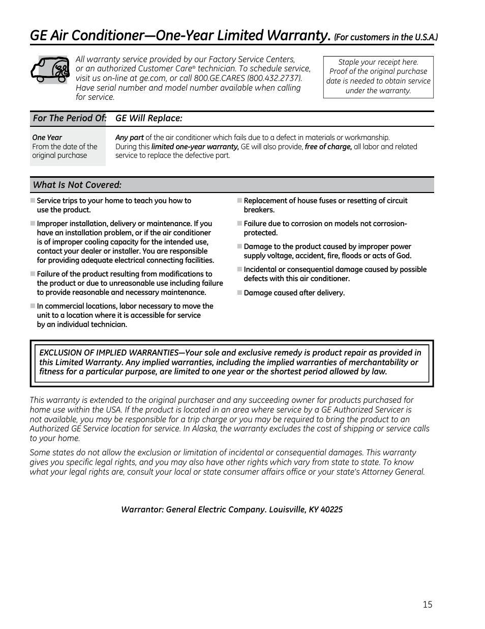 Ge air conditioner—one-year limited warranty | GE AEQ08AS User Manual | Page 15 / 48