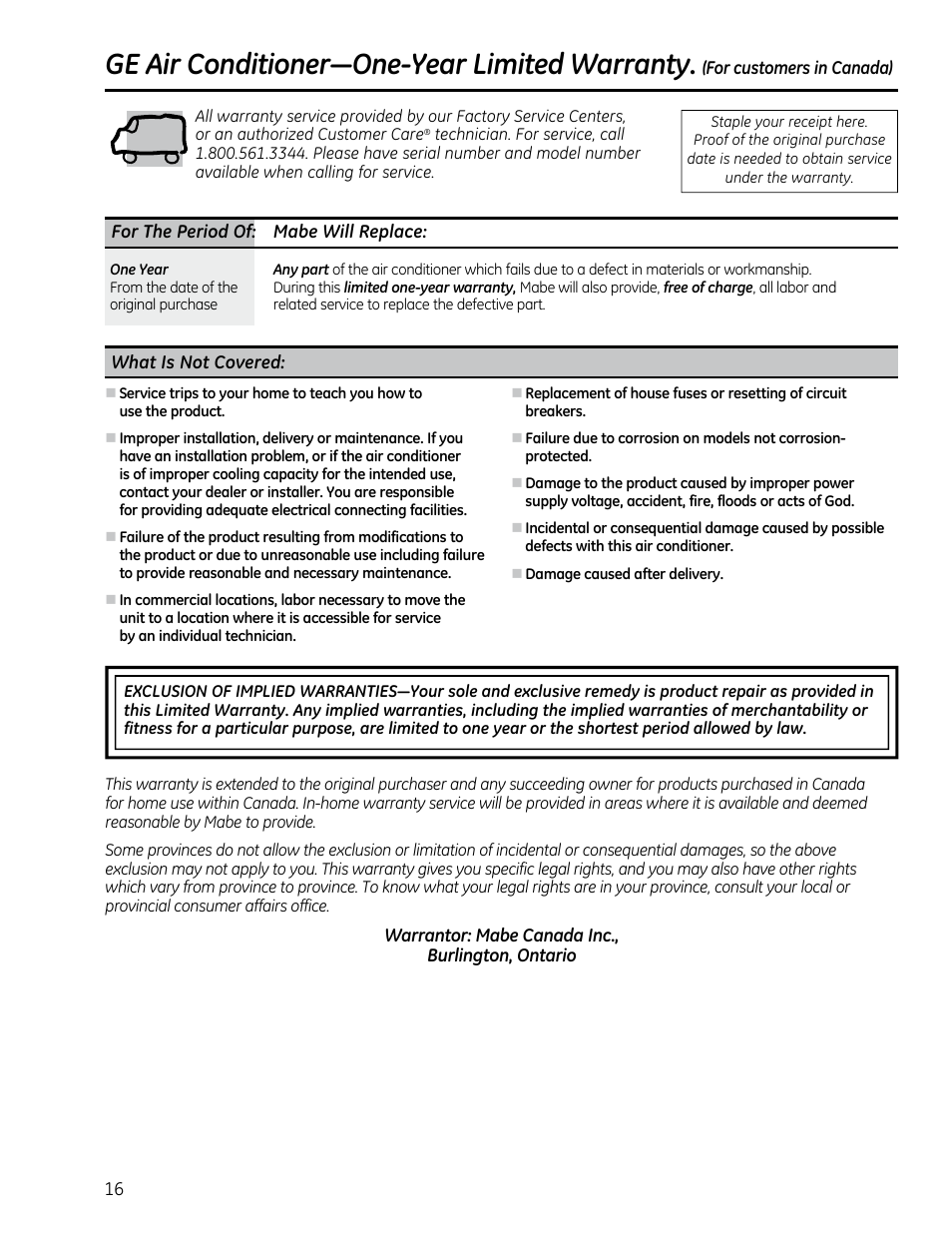 Ge air conditioner—one-year limited warranty | GE AEQ08AS User Manual | Page 16 / 48