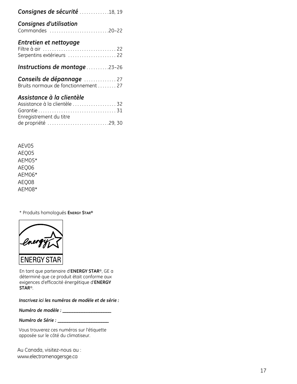 Consignes de sécurité, Consignes d’utilisation, Entretien et nettoyage | Instructions de montage, Conseils de dépannage, Assistance à la clientèle | GE AEQ08AS User Manual | Page 17 / 48