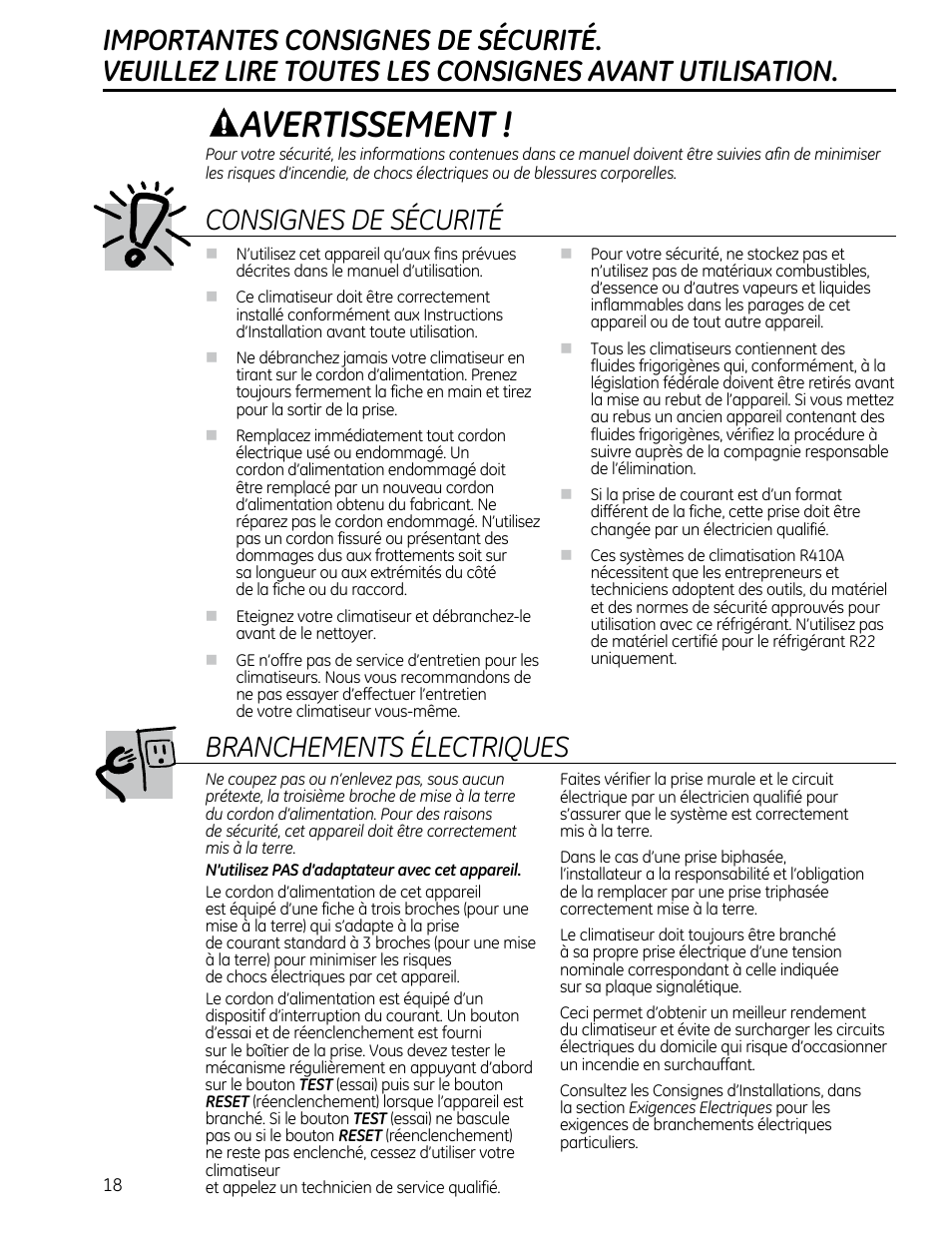 Avertissement, Consignes de sécurité, Branchements électriques | GE AEQ08AS User Manual | Page 18 / 48