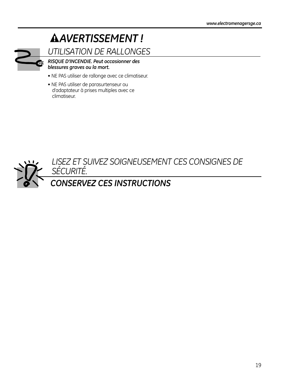 Avertissement | GE AEQ08AS User Manual | Page 19 / 48