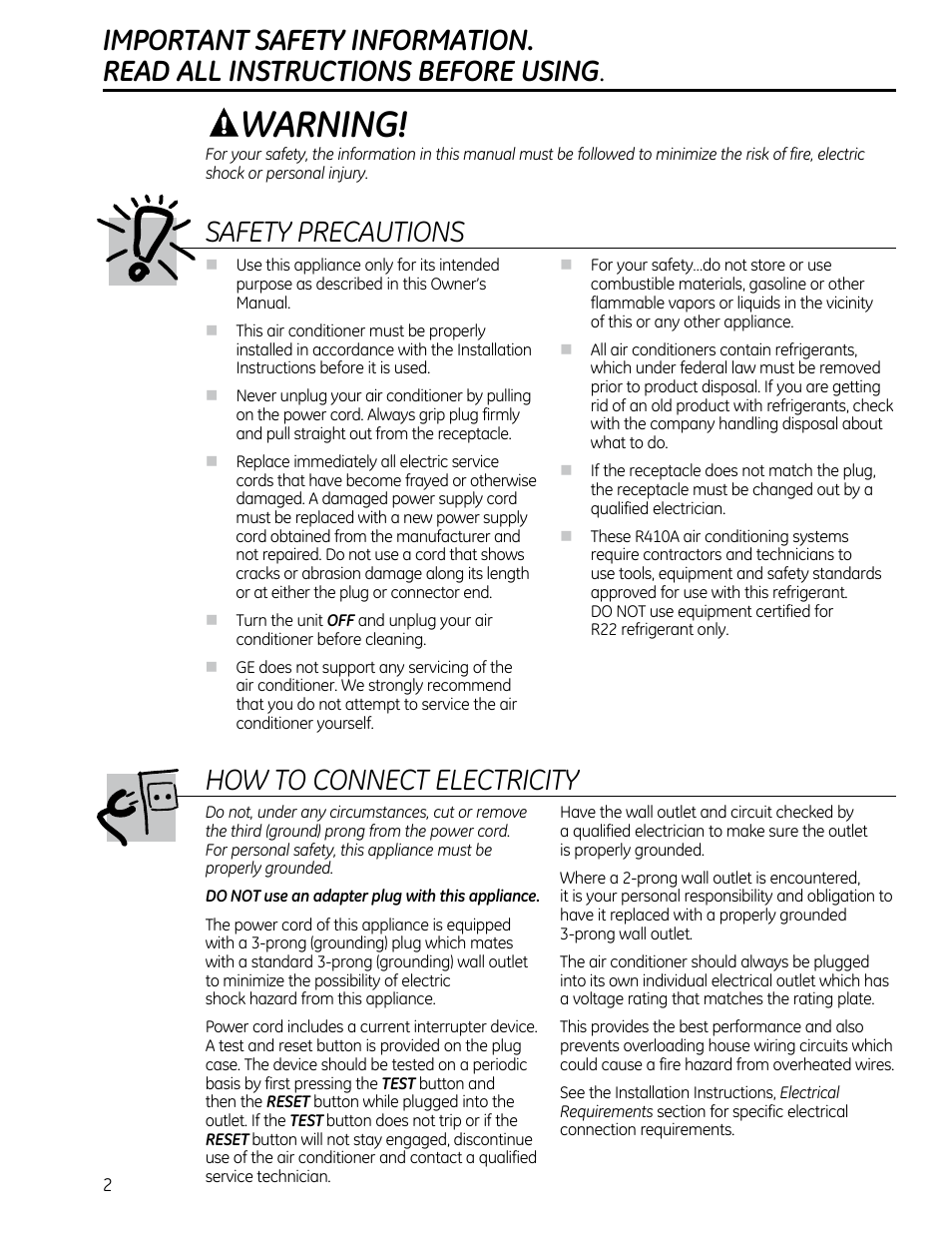 Warning, Safety precautions, How to connect electricity | GE AEQ08AS User Manual | Page 2 / 48