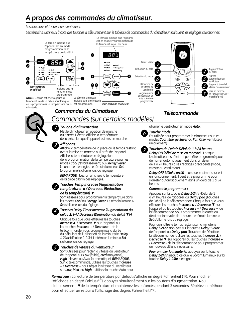 Télécommande, Commandes du climatiseur | GE AEQ08AS User Manual | Page 20 / 48