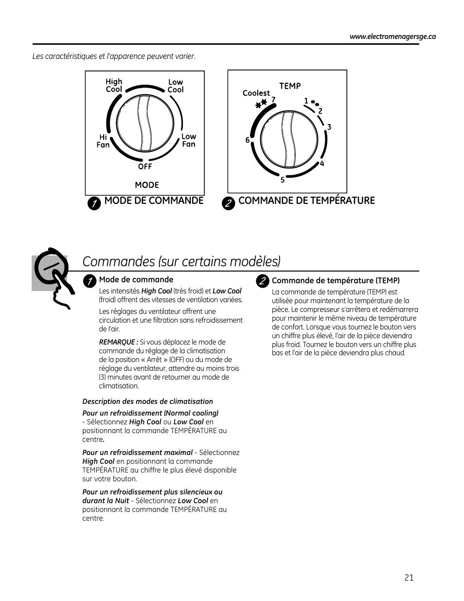 Commandes (sur certains modèles), Mode de commande commande de température | GE AEQ08AS User Manual | Page 21 / 48