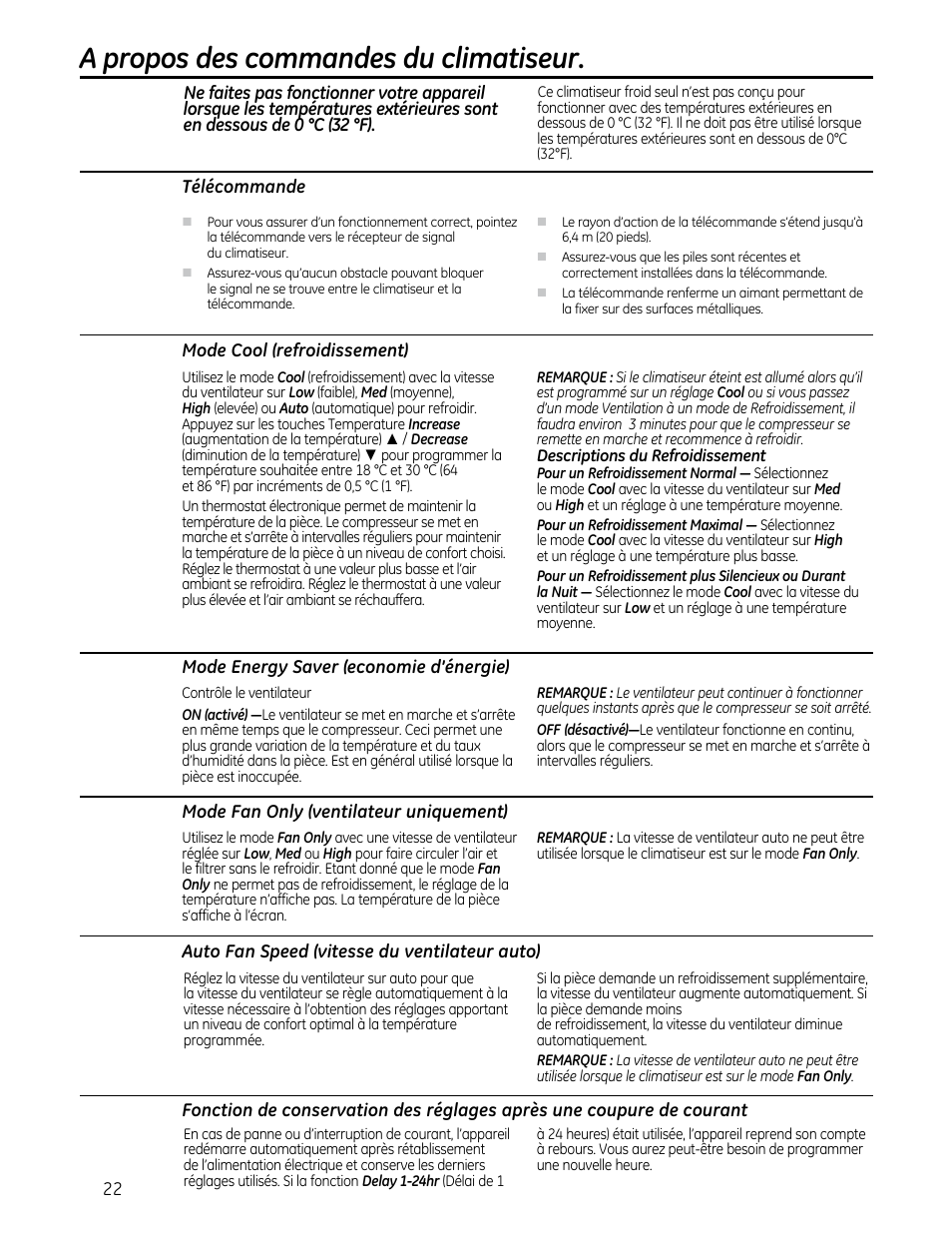 A propos des commandes du climatiseur | GE AEQ08AS User Manual | Page 22 / 48