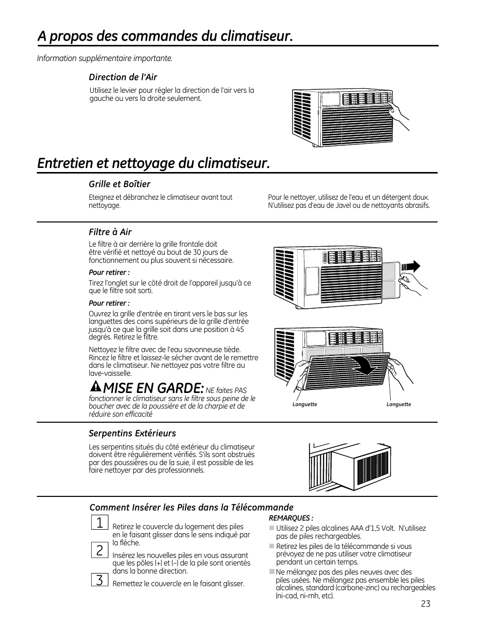 Mise en garde, A propos des commandes du climatiseur, Entretien et nettoyage du climatiseur | GE AEQ08AS User Manual | Page 23 / 48